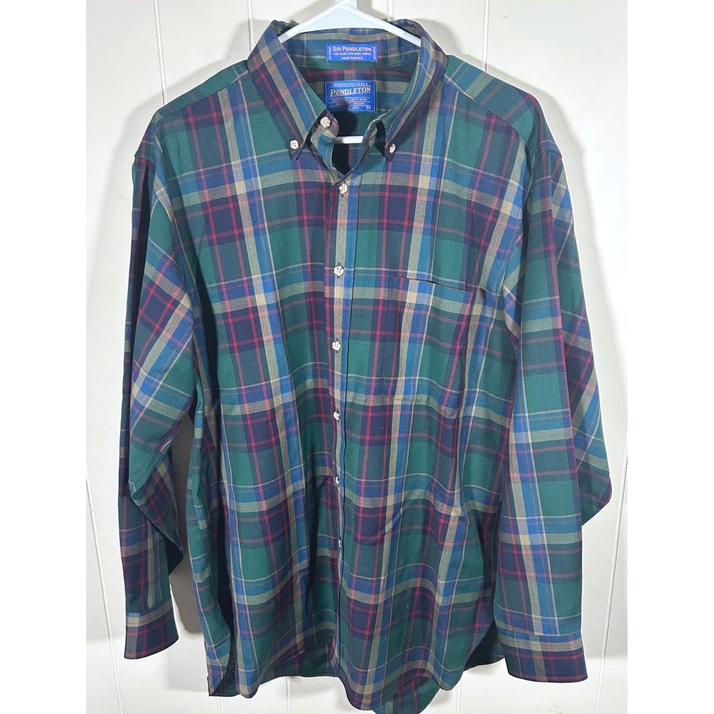 Vintage Sir Pendleton Mens Large Green Plaid Worsted Wool Button Down Shirt L